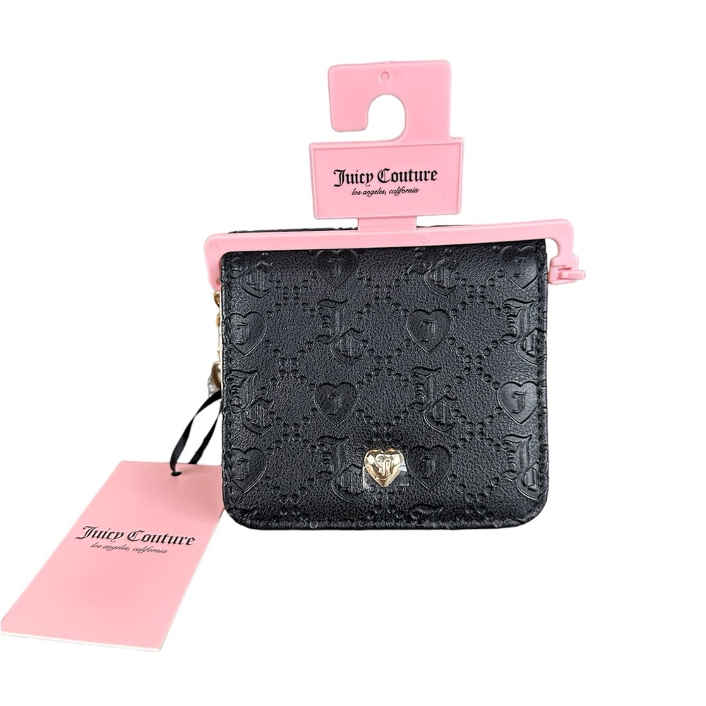 Juicy Couture Deboss Liquorice Black Zip Around Bifold Wallet w Heart Rhinestone